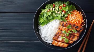 Bowl with grilled beef, noodles, and vegetables for lunch. Dark background. Food advertising photo