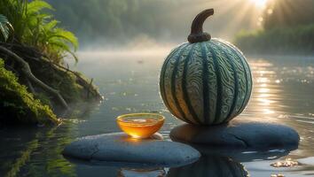 Gourd and Amber Liquid in Nature on Rock in Water photo