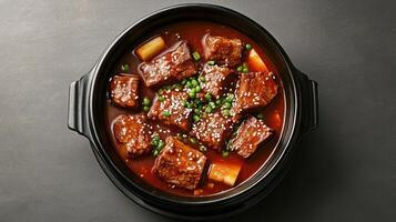 Braised beef chunks in pot served with sesame, peas and potato overhead shot. Possible use cookbook photo