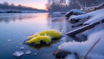 Mossy Stone in Winter River with Snow and Ice Landscape photo