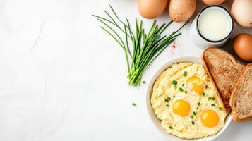 Breakfast flat lay. Eggs with greens, toast, milk on table. Food blog or cafe menu use photo