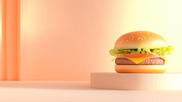 Burger is displayed on the platform a modern ad, suitable for social media food-related topics photo