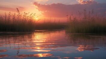 Calm Lake Reflecting Sunset with Tall Grass and Warm Hues photo