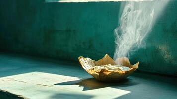 Burning incense in paper bowl sits on windowsill sunlight shines on textured turquoise wall photo