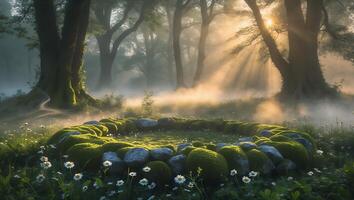 Mossy Stone Circle in Foggy Forest at Sunrise with Daisies photo