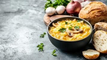 Cabbage soup meal. With mushrooms and parsley, served with bread on a textured grey surface photo