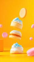 Cakes floating on a yellow background, for pastry shops, food blogs, and dessert promotions photo