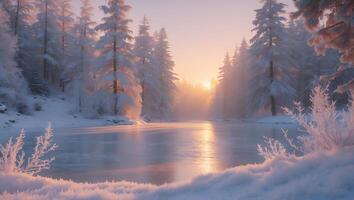 Frozen Lake Surrounded by Snowy Pine Trees at Golden Hour photo