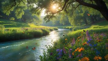 Flowing River Through Grassy Field with Flowers and Sunlight Peeking Through photo
