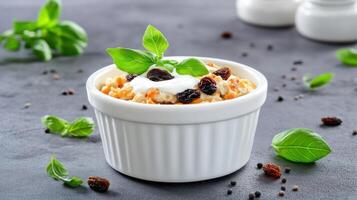 Carrot pudding in a white bowl on a counter with basil garnish. Use restaurant menu photo