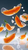 Carrots with ice flying in the air on a gray background for healthy eating ads photo