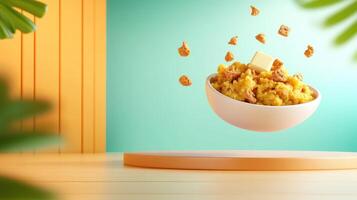 Cereal with butter levitates in a bowl on a stage with green plants for breakfast advert use photo