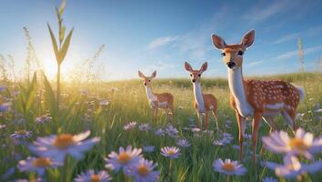 Deer Standing in Field of Flowers Under Bright Sunny Sky photo