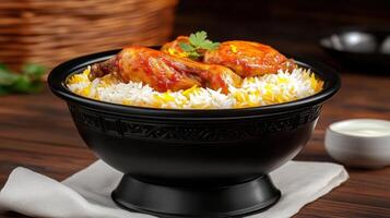 Chicken biryani, served hot in a bowl on a rustic wooden table. Possible use Menu photo