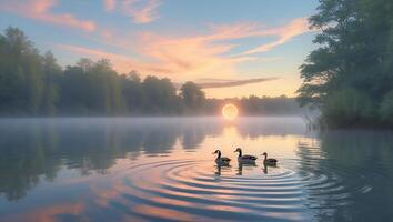 Ducks Swimming on Calm Lake Reflecting Sunrise with Trees on Shore photo