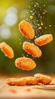 Chicken nuggets falling onto a table, promoting family meals in a natural setting photo