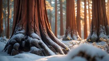 Snowy Forest Scene Giant Tree Trunks Winter Landscape Photography photo