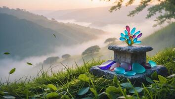 Tranquil Stone Altar with Colorful Glass Art and Mountain View photo