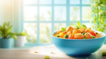 Chicken stew in bowl on table, sunny room, window view food blog, culinary creation photo