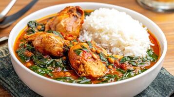 Chicken stew with rice spinach in a white bowl, on a tablecloth, by silver utensils. Lifestyle use photo