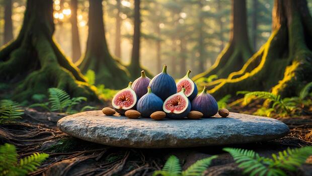 Figs and Almonds Displayed on a Stone Slab in Forest photo