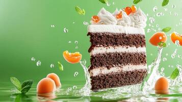 Chocolate cake slice with cream, apricots and mint is in the water on a green background for patisserie photo