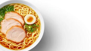 Close up of a tasty noodle soup. Food photography of a bowl with Asian ramen recipe on a white background photo