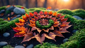 Arranged Maple Leaves on Ground with Green Moss and Sunlight photo