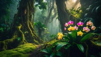 Orchid Blossoms in Lush Green Forest with Sunlight and Moss photo