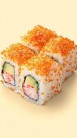 Close-up of sushi roll with avocado and orange tobiko on plain yellow background. For menus, cooking sites photo