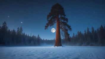 Lone Tree Stands in Snowy Field Under Full Moon Night photo