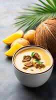 Coconut soup with potatoes palm leaf, garnished, on table background. Food photography, menu photo