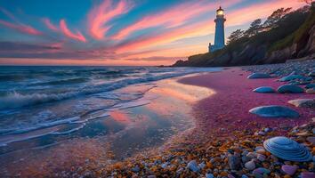 Lighthouse on Rocky Beach at Sunset Reflecting in the Water photo