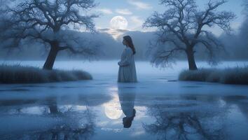Woman Standing in Lake at Night Under Moonlight Reflecting Serenity photo
