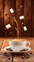 Coffee splash with sugar cubes beans floating on wood surface for cafe menu and breakfast ads photo