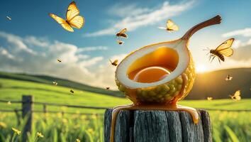 Fruit Bowl Dripping Honey Surrounded by Bees and Butterflies Outdoors photo