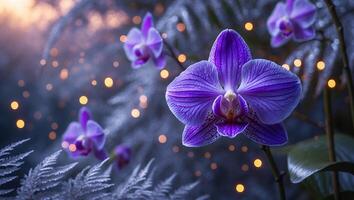 Blooming Orchid in Soft Lighting with Fern and Bokeh Background photo