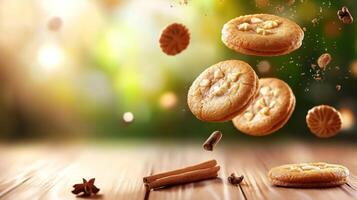 Cookies with nuts levitating on table, bokeh lights in the background. Food ads dessert blogs photo