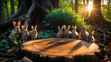 Group of Rabbits Gathering Around a Tree Stump in Forest Light photo