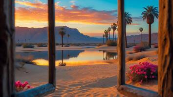 Desert Oasis View Through Window Frame with Palm Trees at Sunset photo