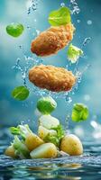 Crispy nuggets veggies splashing in water on blue background. Food photography for menu or ads photo