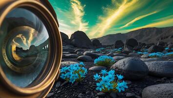 Camera Lens Reflecting Landscape with Blue Flowers and Rocky Ground photo