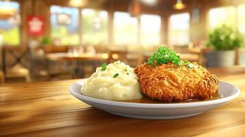 Crispy schnitzel on a plate with mashed potatoes on the table, restaurant background, food photography photo