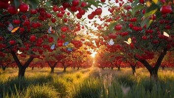 Walking Through Orchard Filled with Ripe Red Cherries at Sunrise photo