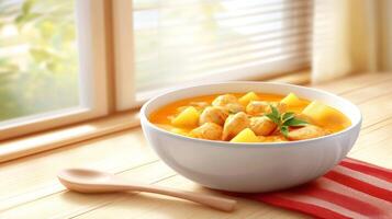 Curry with chicken and potato served in bowl by window for cookbook or food blog use photo