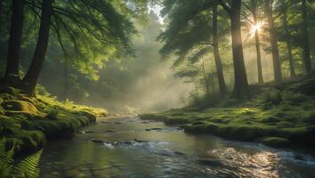 Flowing River in Lush Green Forest with Sunlight Shining Through photo