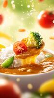 Delicious curry on a spoon with vegetables and rice, with a blurred background. Use for cooking ad photo