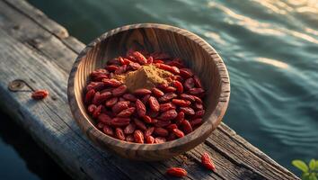 Goji Berries and Powder in Wooden Bowl by the Water photo