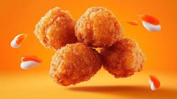 Delicious fried cheese balls with drops of sauce on gradient background for culinary ads photo