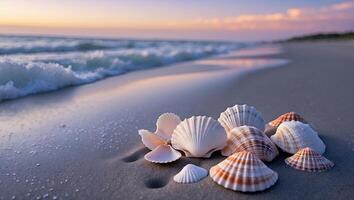 Seashells on Beach at Sunset with Ocean Waves and Colorful Sky photo
